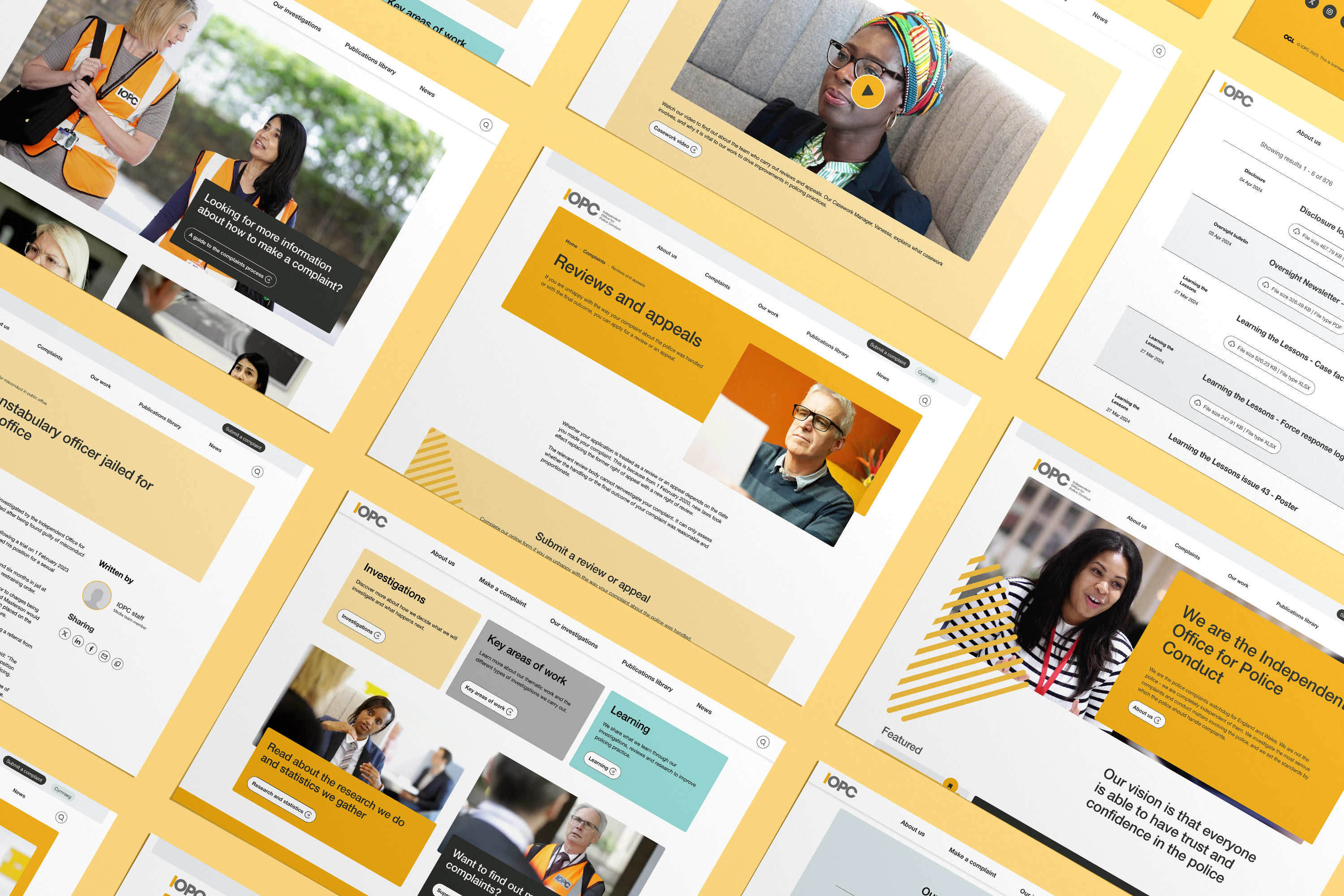 Multiple angled screens display different IOPC website pages, including complaints, appeals, investigations, and learning.