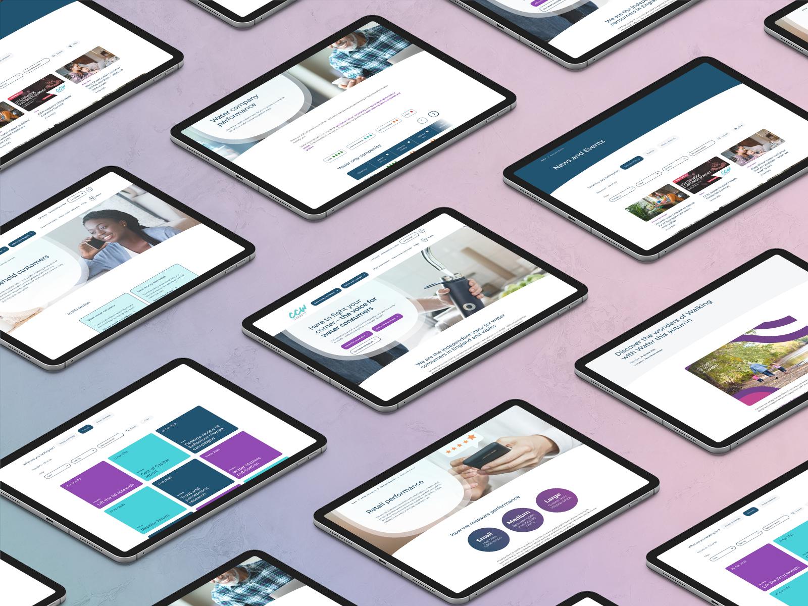 Multiple Ipad screens on a soft gradient background with various pages on the CCW website on screen