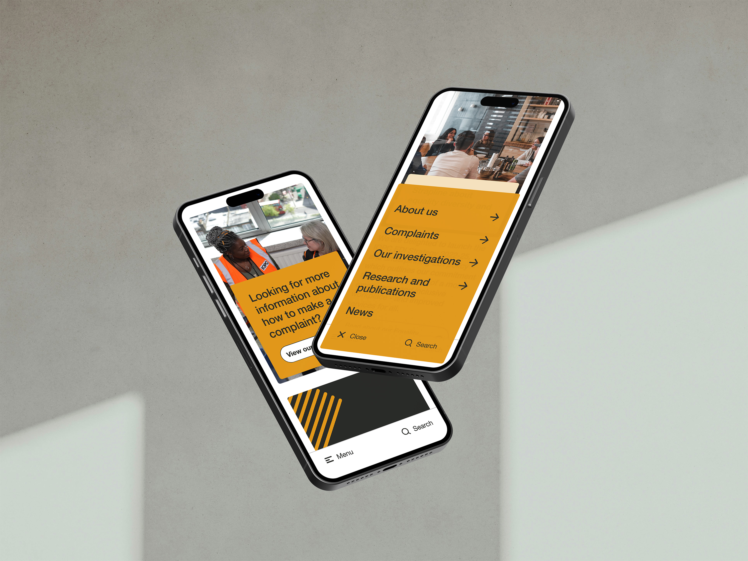 Two smartphones display IOPC mobile website screens, one with complaint guidance and the other with a menu of site sections.