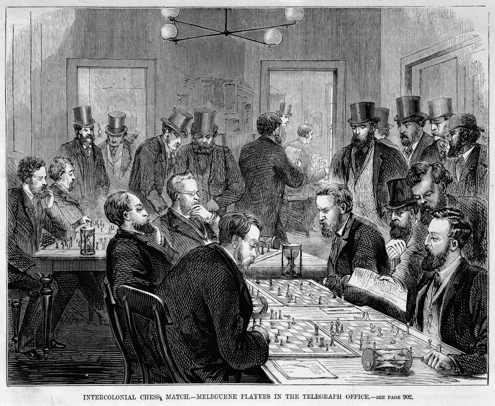 People from the 19th century playing chess by using the telegraph