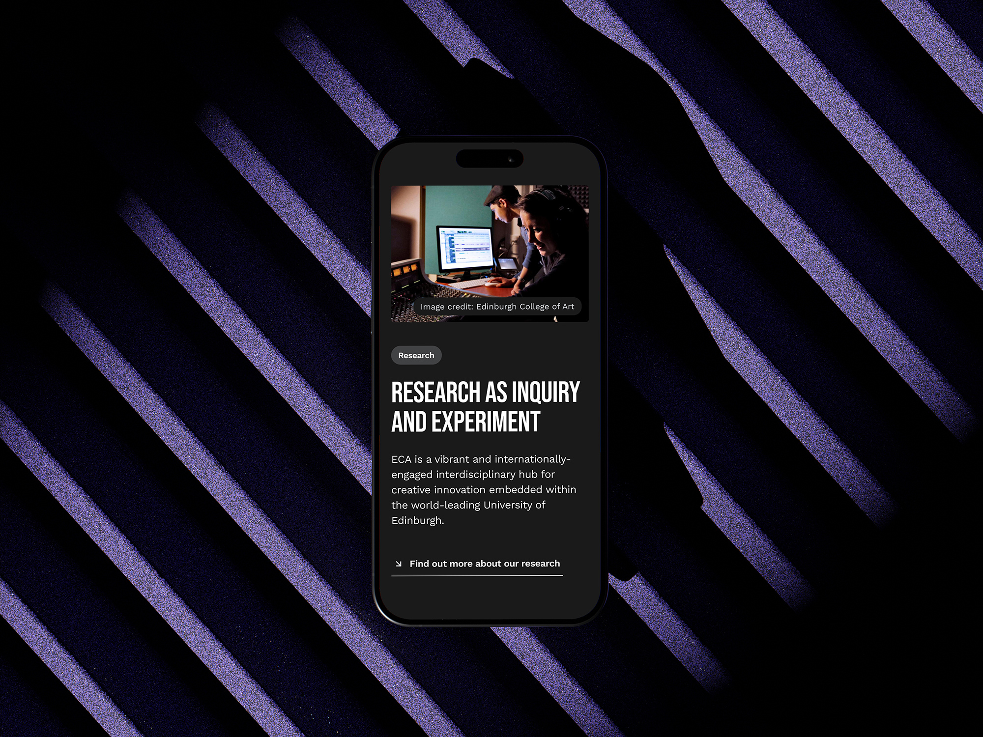Smartphone on a dark ridged surface displaying the Edinburgh College of Art site with research section titled “Research as Inquiry and Experiment.”