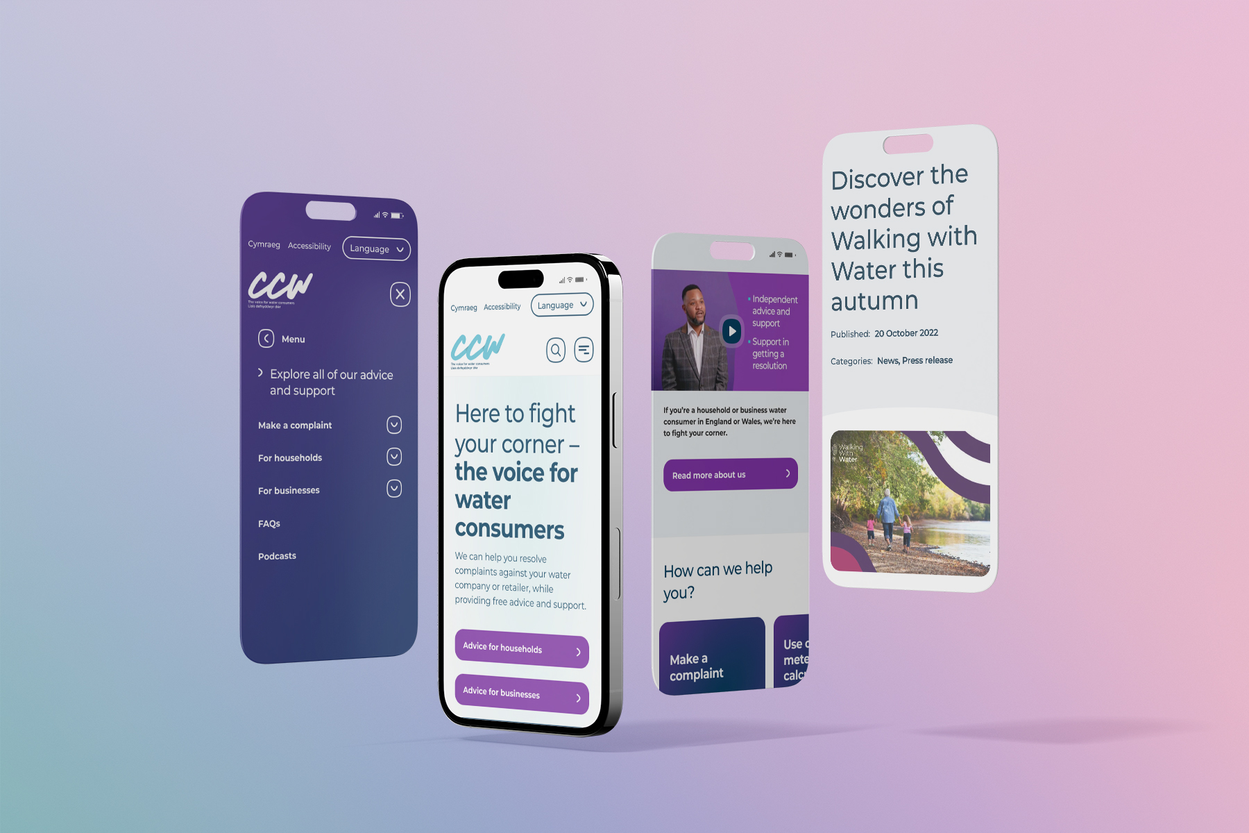 Floating mobile screens showing the CCW open mobile menu, the homepage and a news article