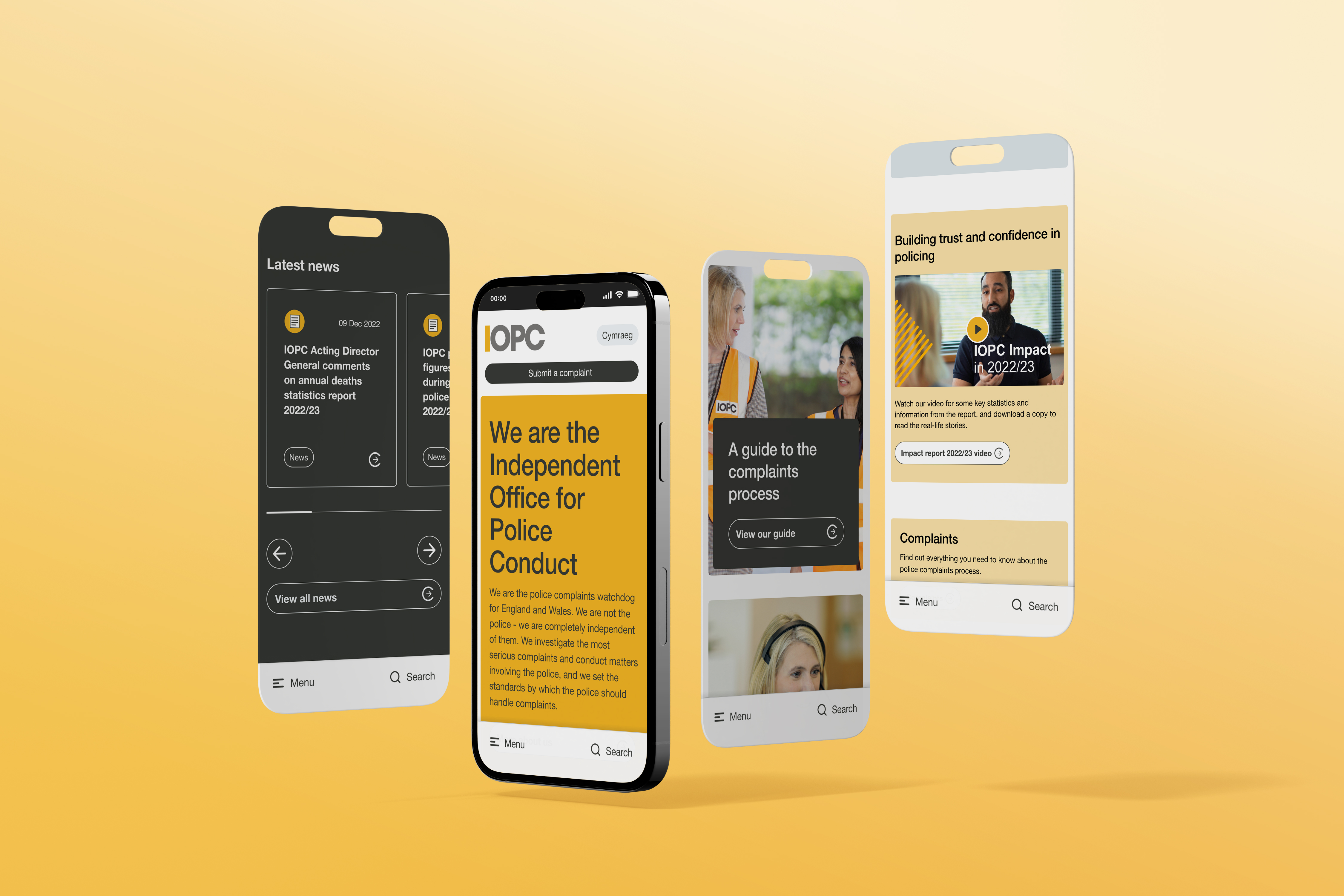 Four floating smartphone screens display IOPC website pages on news, complaints process, and reports.
