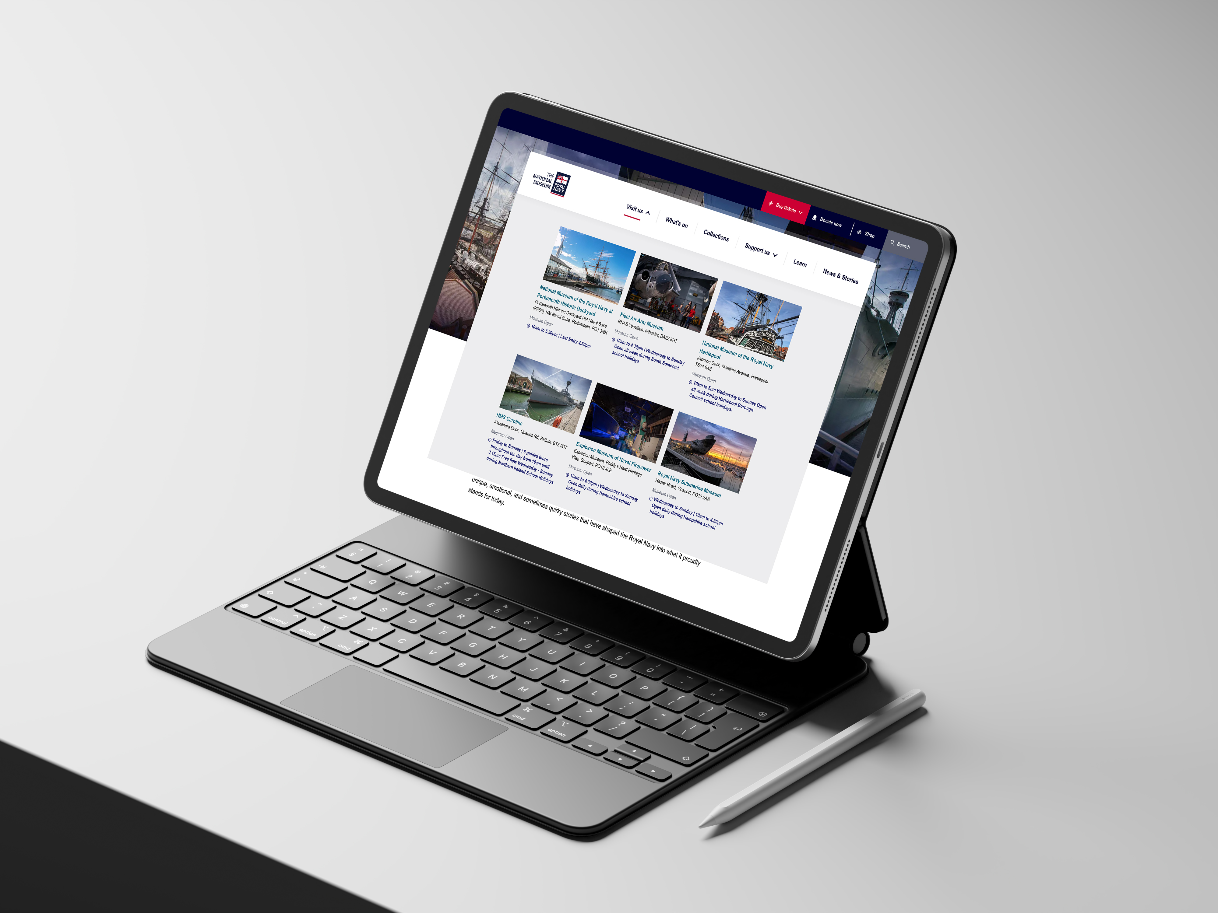 Tablet with keyboard with the NMRN homepage on screen with the menu expanded