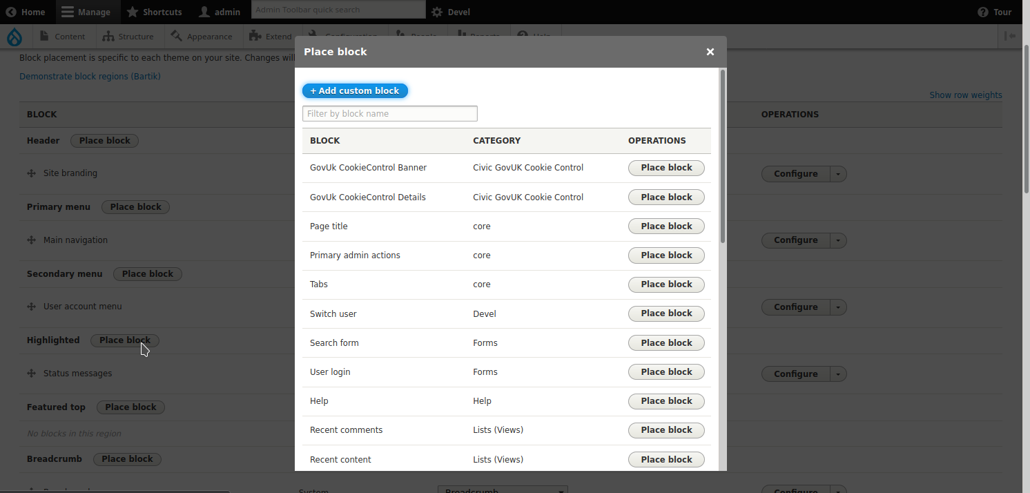 Screenshot of the module interface, GovUk CookieControl Banner block