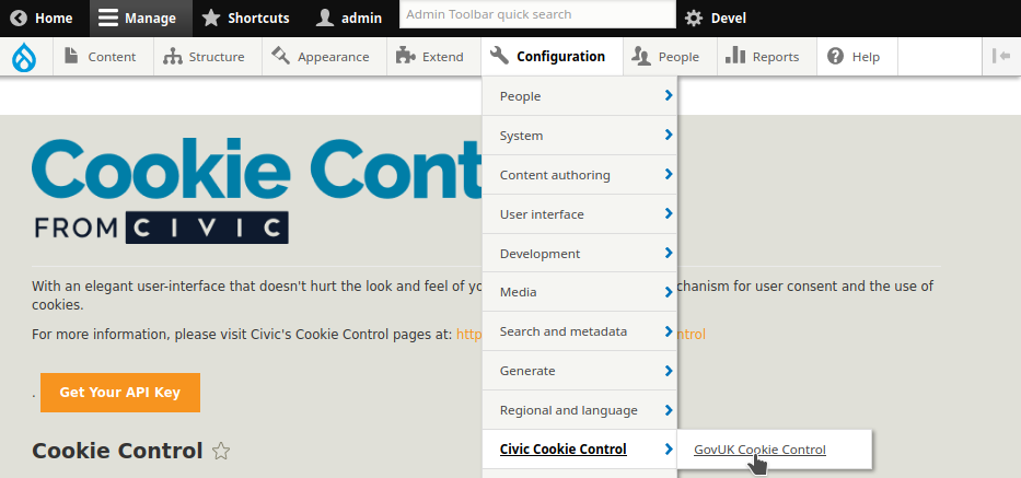 Screenshot of Drupal admin interface, configure module