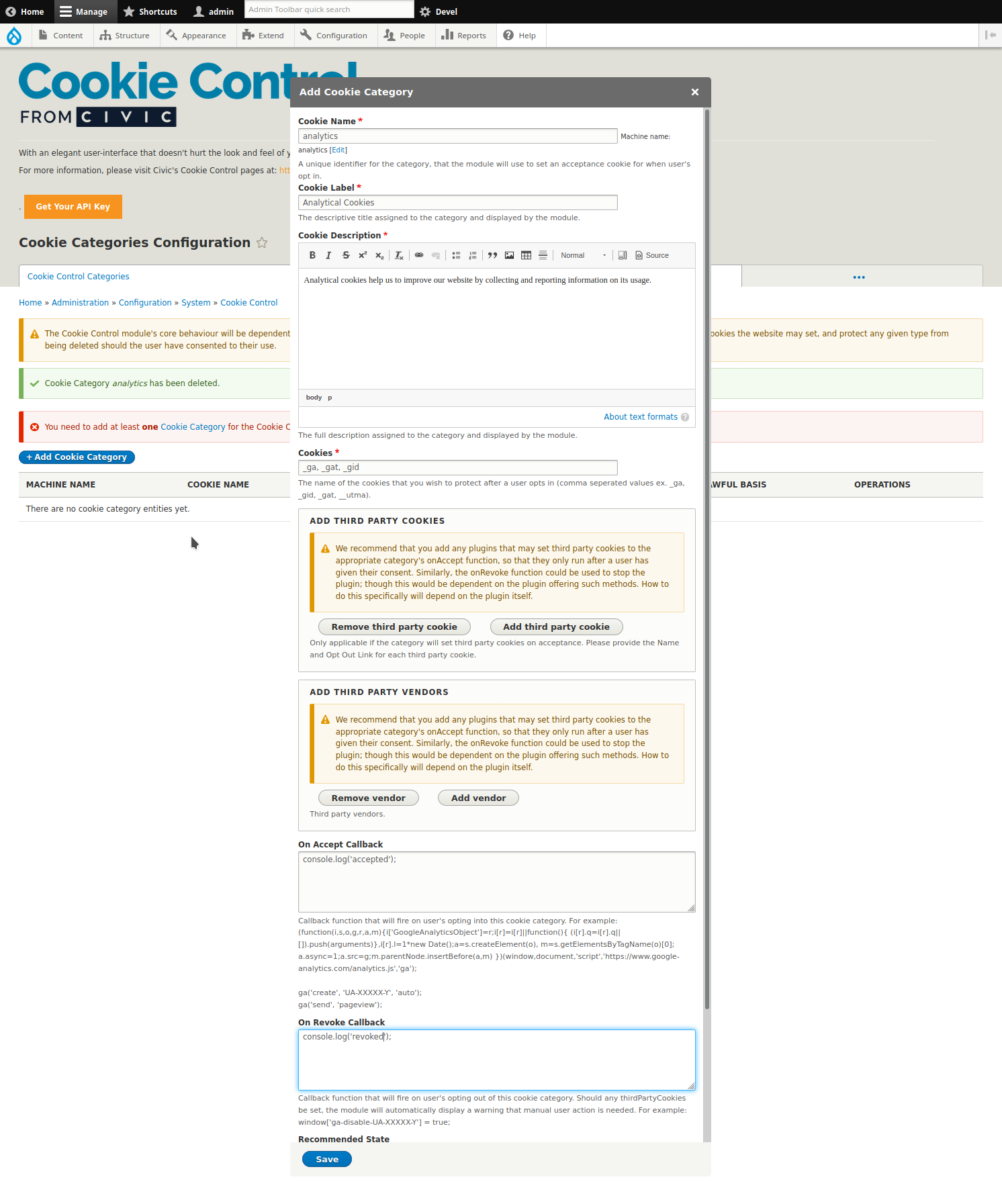 Screenshot of module interface, cookie categories