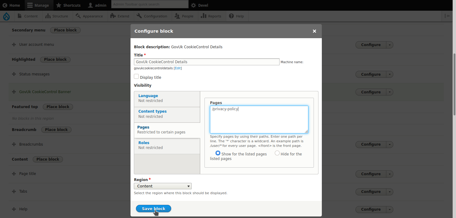 Screenshot of the module interface, GovUk CookieControl Details block