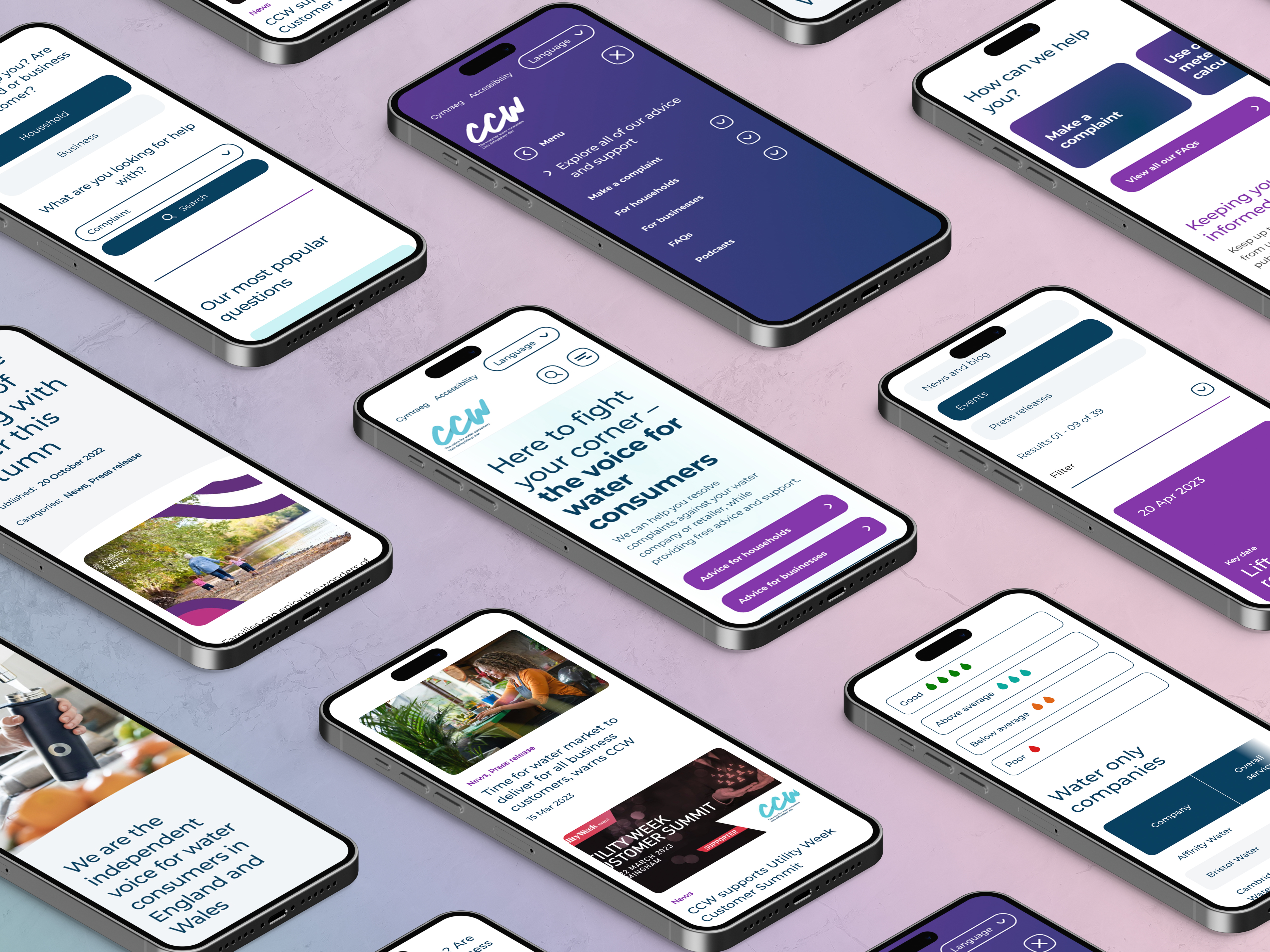Mutiple Iphone devices on a soft gradient background with various CCW pages on screen