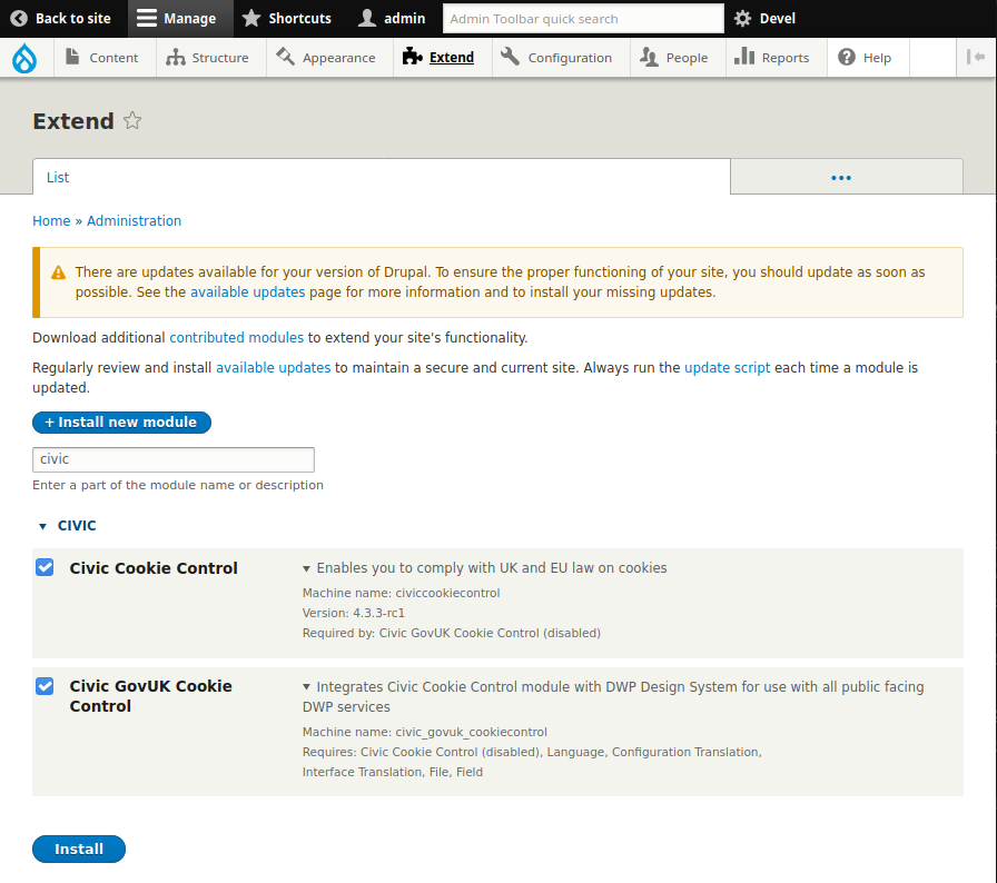 Screenshot of Drupal admin interface, module installation