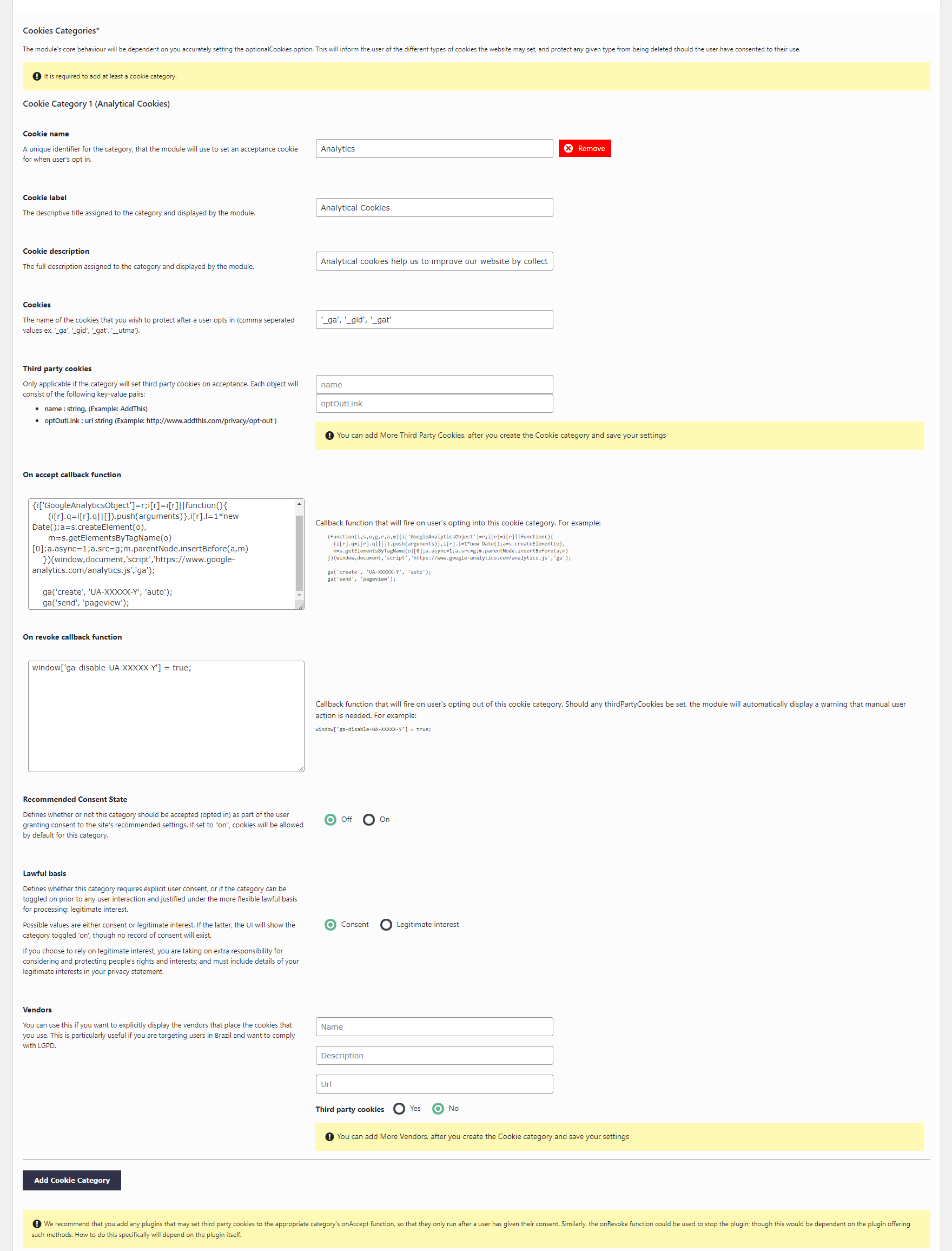 Screenshot of plugin interface, cookie categories