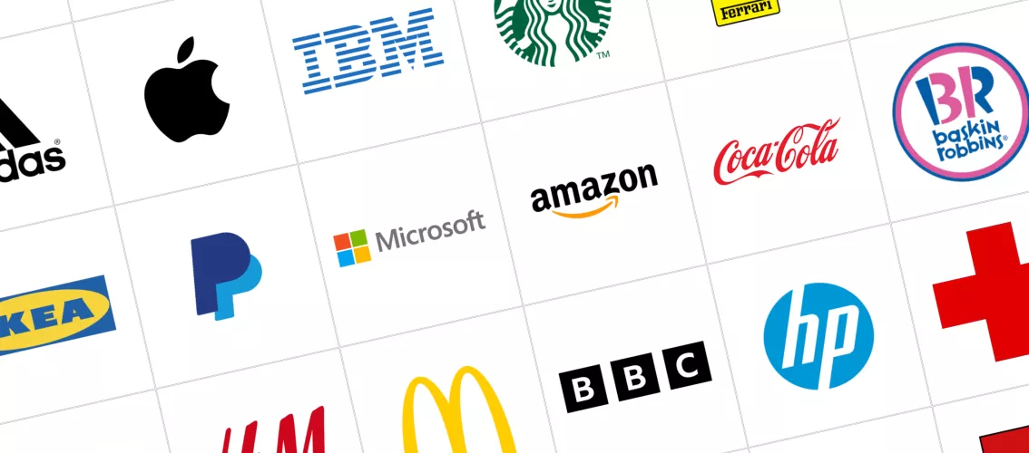 Image with various famous logos, such as Apple's bitten apple, McDonalds' golden arches, or Nike's.