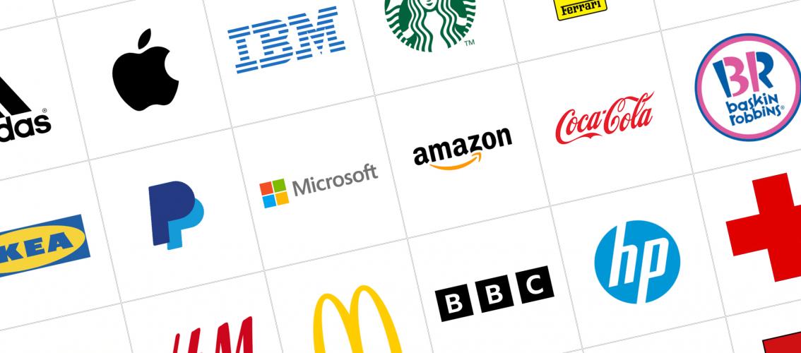 Image with various famous logos, such as Apple's bitten apple, McDonalds' golden arches, or Nike's.