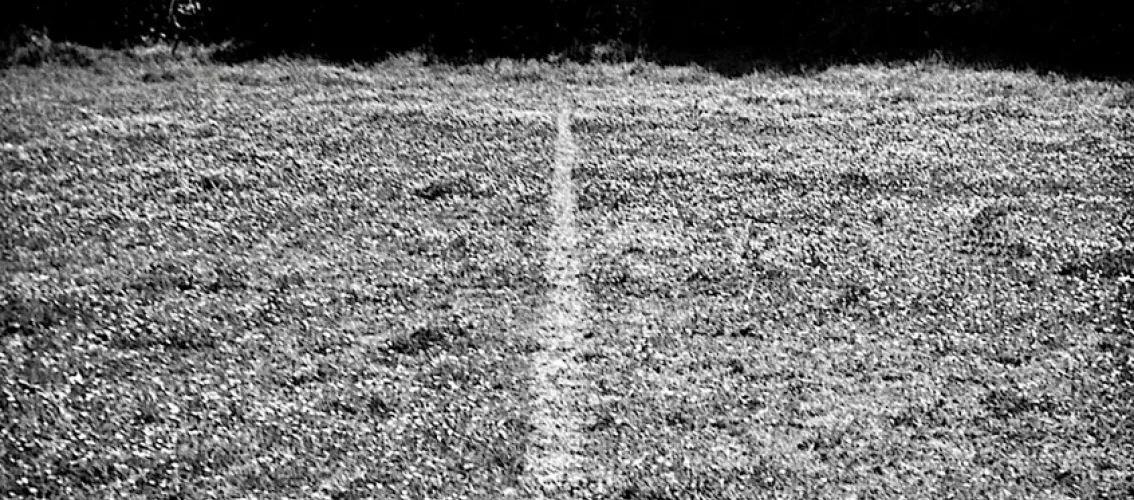 Black and white photo of a grass field with a faint line down the middle