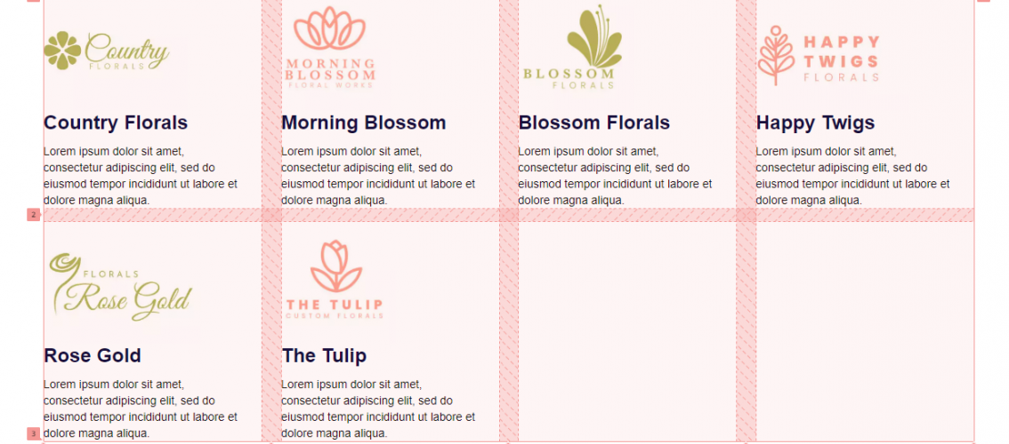 Pink coloured grid with different types of logos. Each grid square presents the logo and a text.