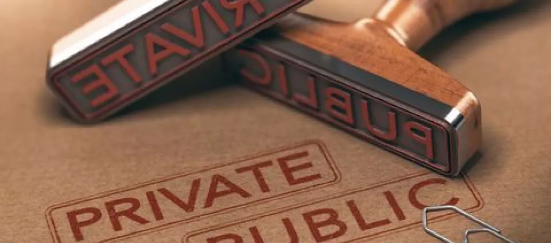Rubber stamps labeled private and public on a brown surface