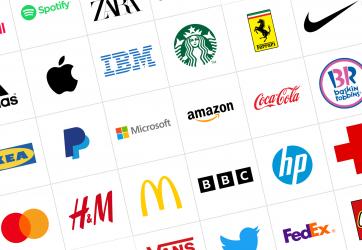 Image with various famous logos, such as Apple's bitten apple, McDonalds' golden arches, or Nike's.