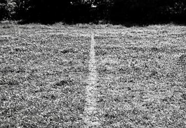 Black and white photo of a grass field with a faint line down the middle