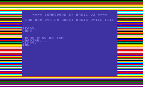 Commodore loading screen with colourful moving lines