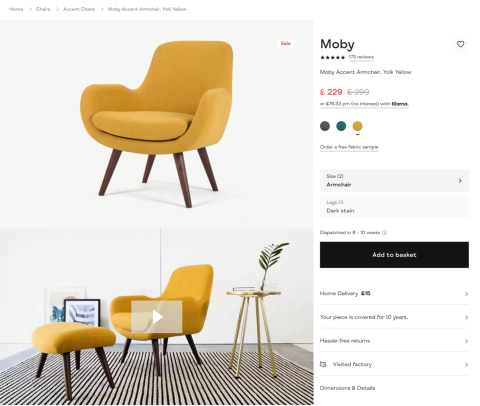 Product page for a yellow Moby armchair, showing product images, colour options, price and purchase details