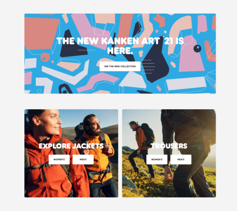 Outdoor clothing website featuring a colourful promotional banner and images of hikers modelling jackets and trousers