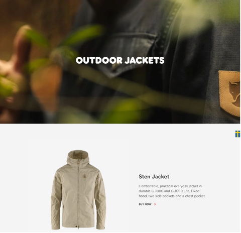 Outdoor jackets webpage featuring a close-up banner image and a beige hooded jacket with product details