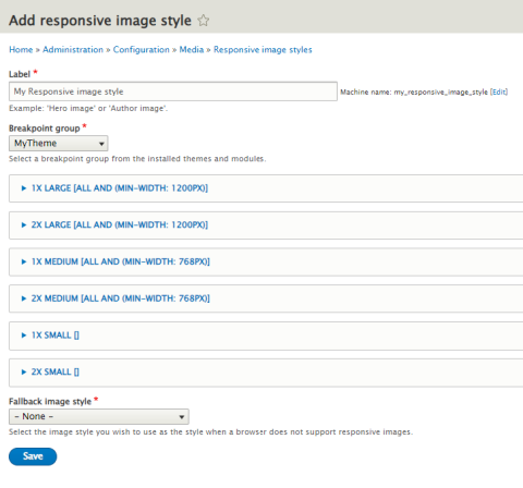 Responsive image style configuration page