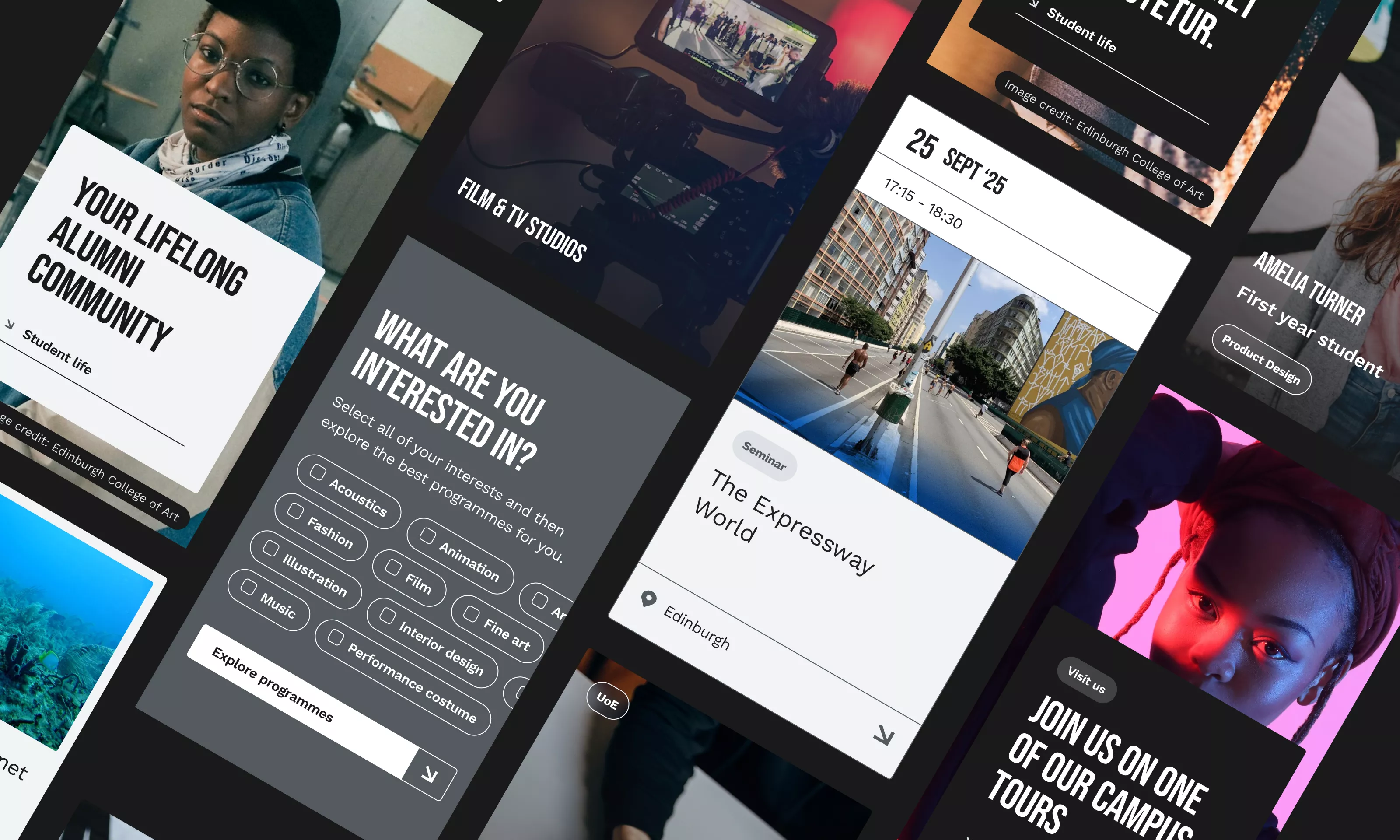 Collage of Edinburgh College of Art website screens featuring alumni, events, course options, and student life.