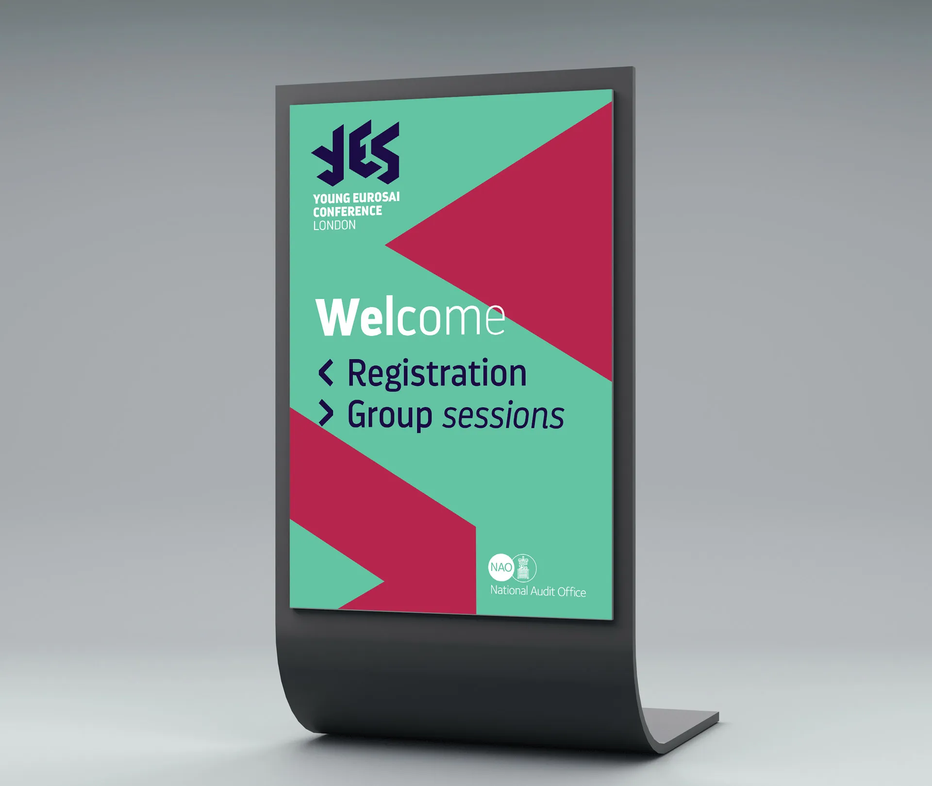 Welcome poster in large display stand