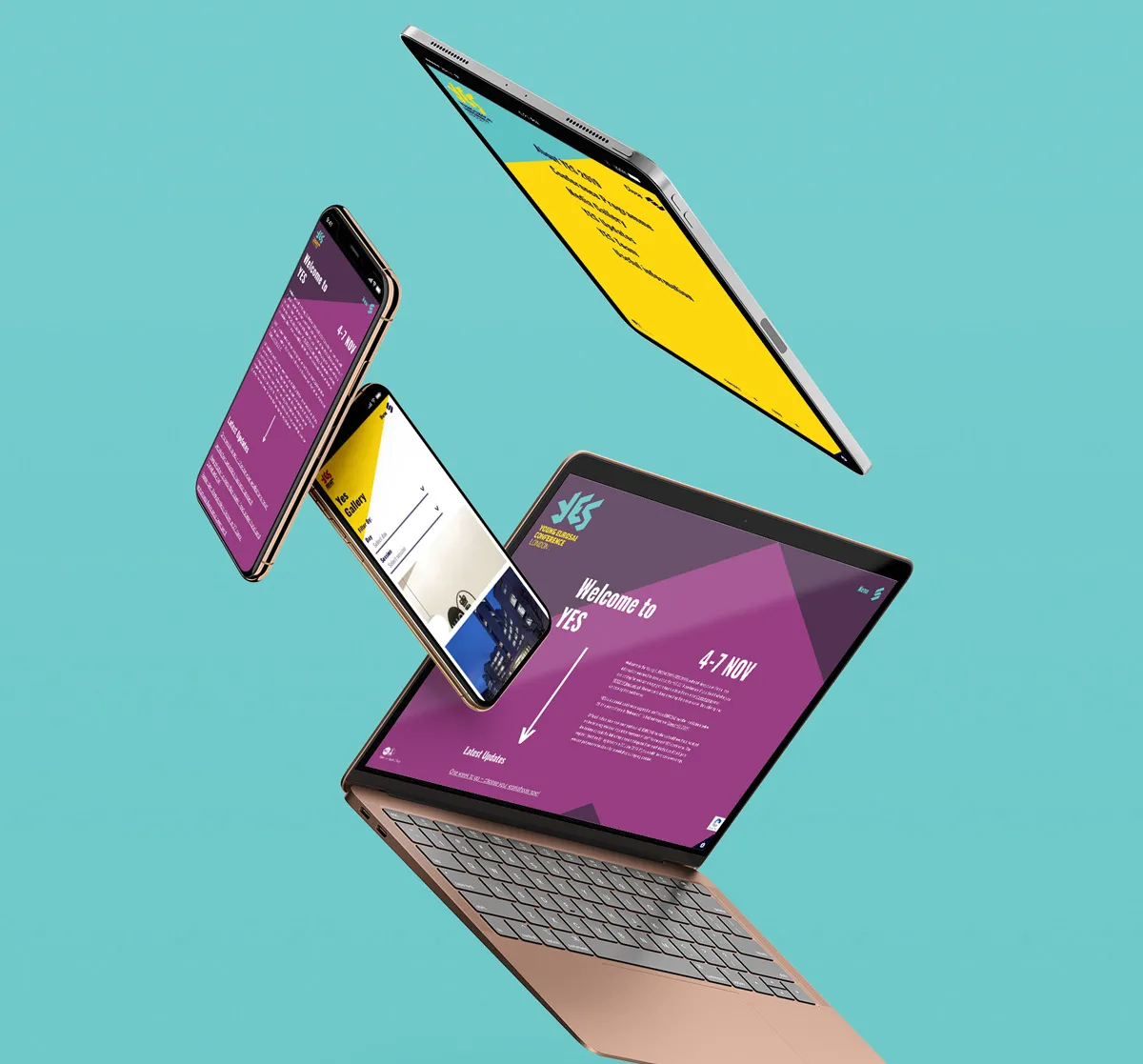 Website mockup on floating devices and screens