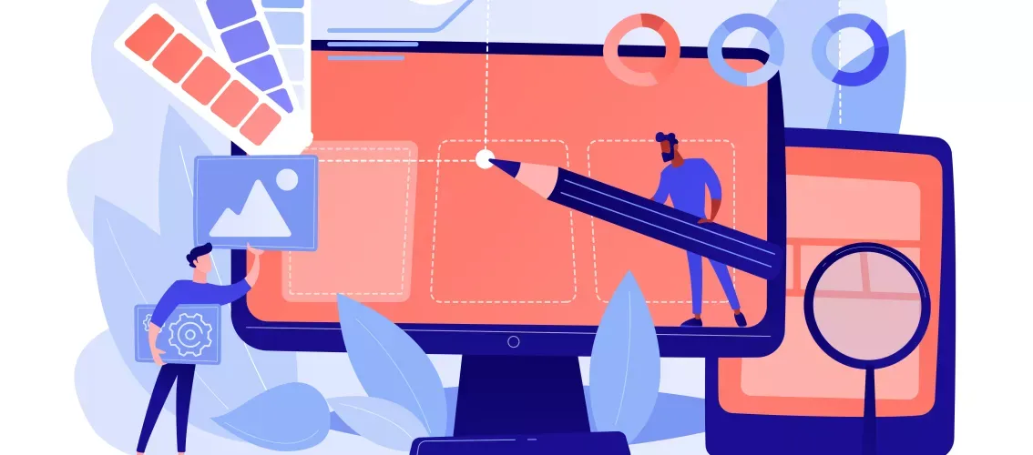 Illustration of people designing and testing a digital interface on a computer screen