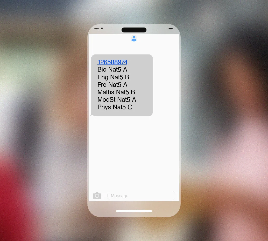 Mockup of an exam results text message
